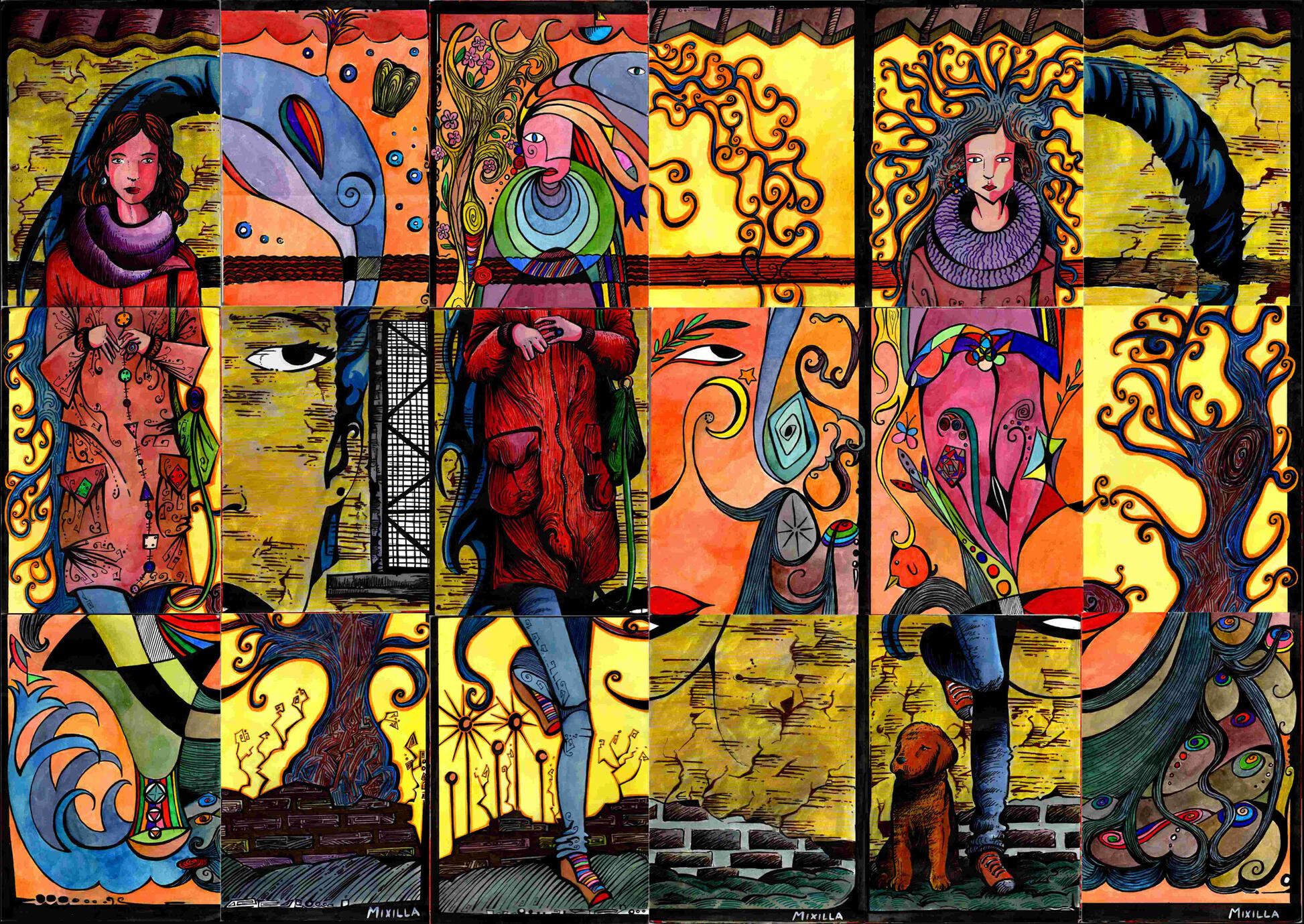 (dog&amp;girl)x n°, tecnica mista su carta, 37x78 cm, 2015