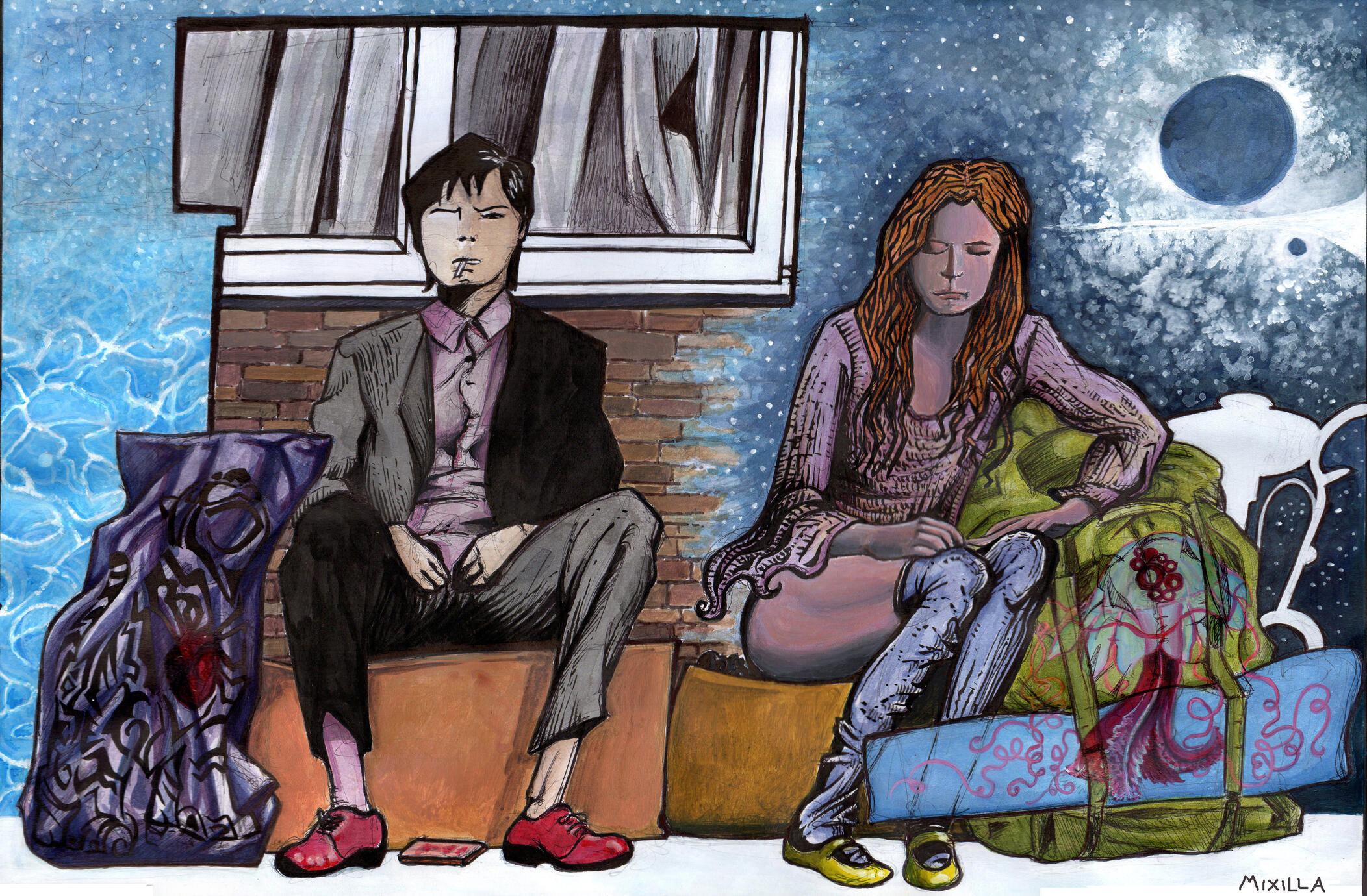 Maria e Giuseppe, tecnica mista su carta, 48x33 cm